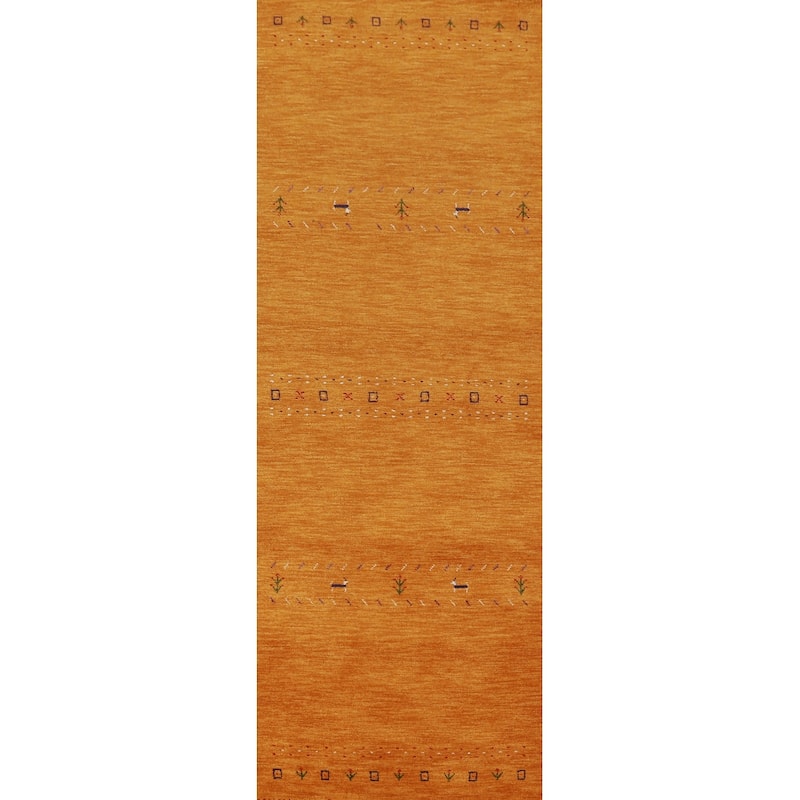 Hand Knotted Oriental 100% Wool Carpet Tribal Animal Pictorial Oranges & Rust Gabbeh Runner Rug - 9' 9'' X 2' 9''