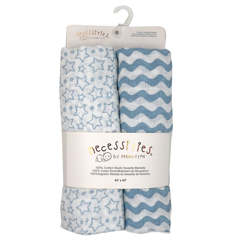 Baby Stars and Waves 2 Pack Muslin Swaddle Blankets - N/A - Blue