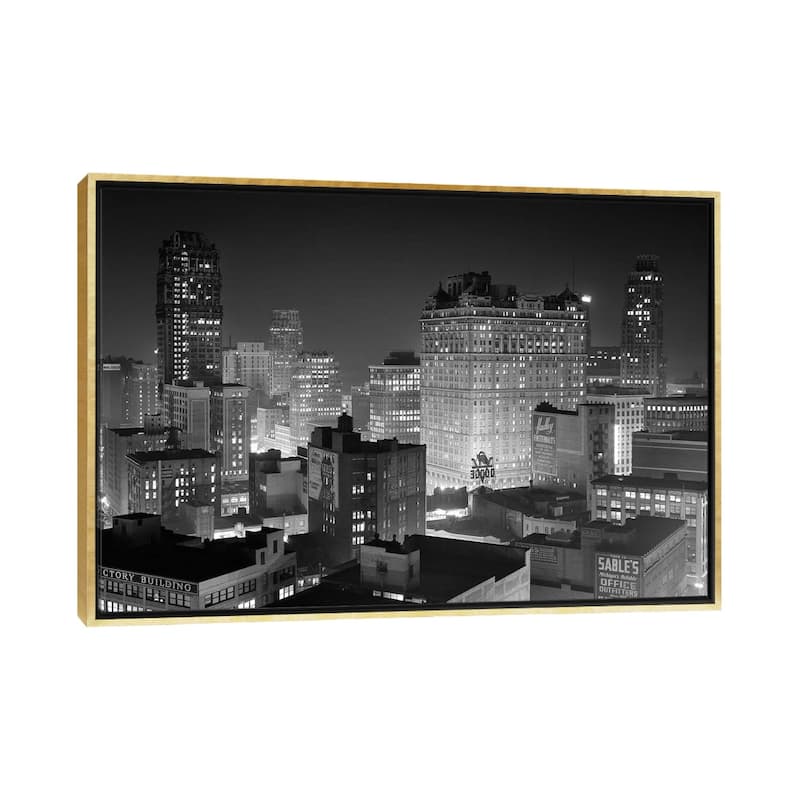 iCanvas "1954 Night Skyline Retail Business Area Detroit Michigan USA" by Vintage Images Framed Canvas Print - Gold - 26x40