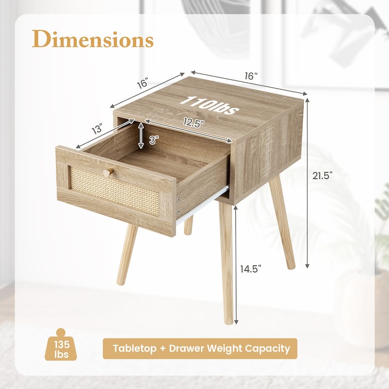 Gymax Nightstand Bedside End Sofa Table with Rattan Drawer for Bedroom