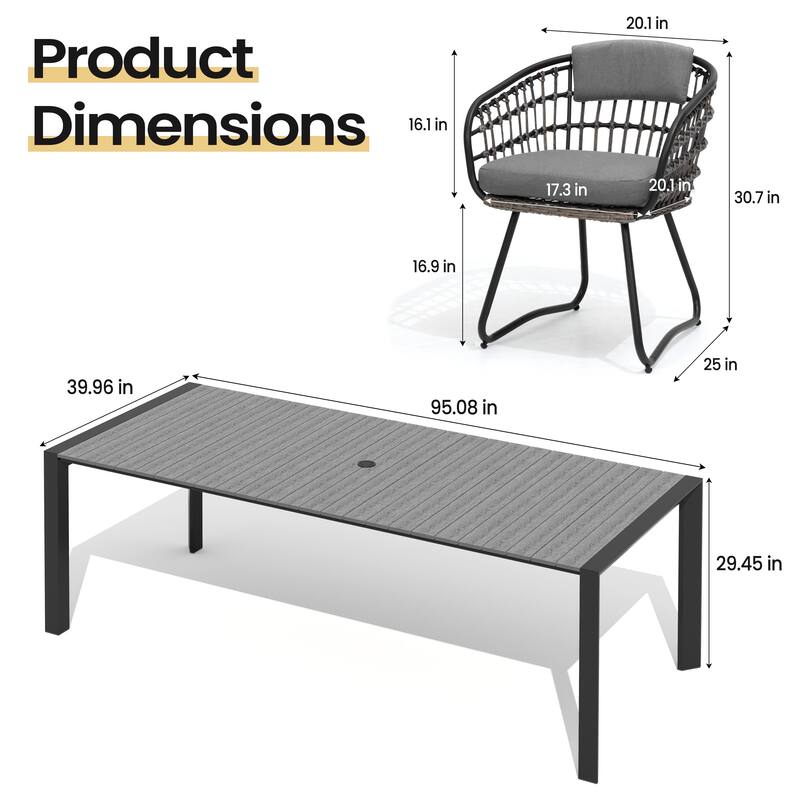 Set of 9 Outdoor Patio Dining Set WoodLike Table Top Aluminum Rectangular Umbrella Hole Table with PE Rattan Chairs
