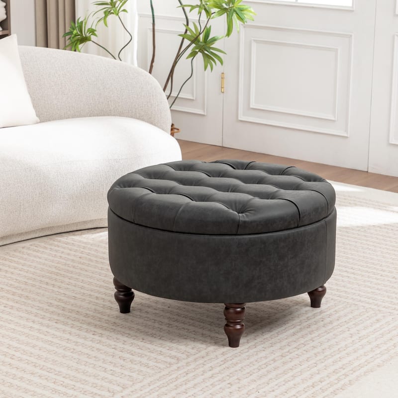 SEYNAR 29.5''Modern PU Leather Round Storage Ottoman with Wood Legs - Black
