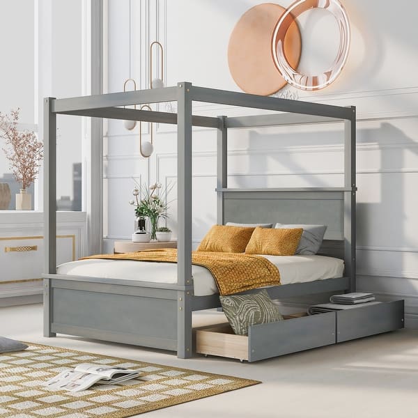 slide 2 of 27, Full Size Wood Canopy Bed with 2 Drawers - Modern Design for Stylish Bedrooms, Brushed White/Brown/Grey Gray