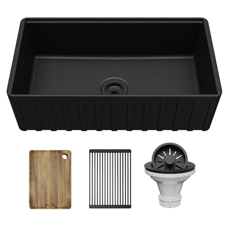 Karran 33" Single Bowl Workstation Fireclay Kitchen Sink with Reversible Fluted Apron Front