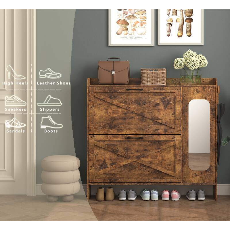 Distressed Shoe Storage Cabinet with 2 Flip Drawers, Freestanding Organizer Narrow Shoe Rack Cabinet