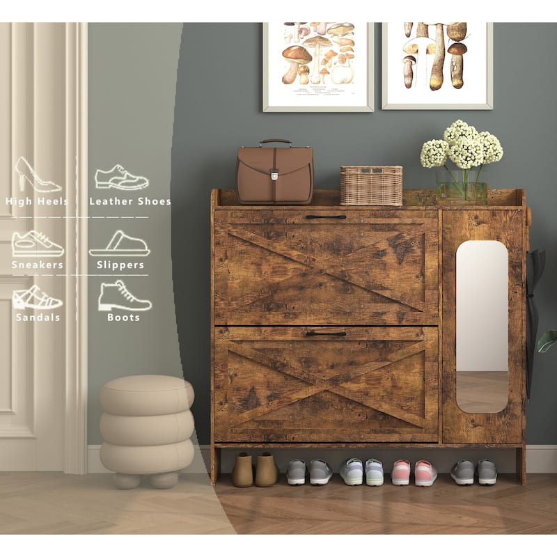 Shoe Storage Cabinet with 2 Flip Drawers & Mirror, Freestanding Organizer, Narrow Shoe Rack Cabinet with Adjustable Shelves