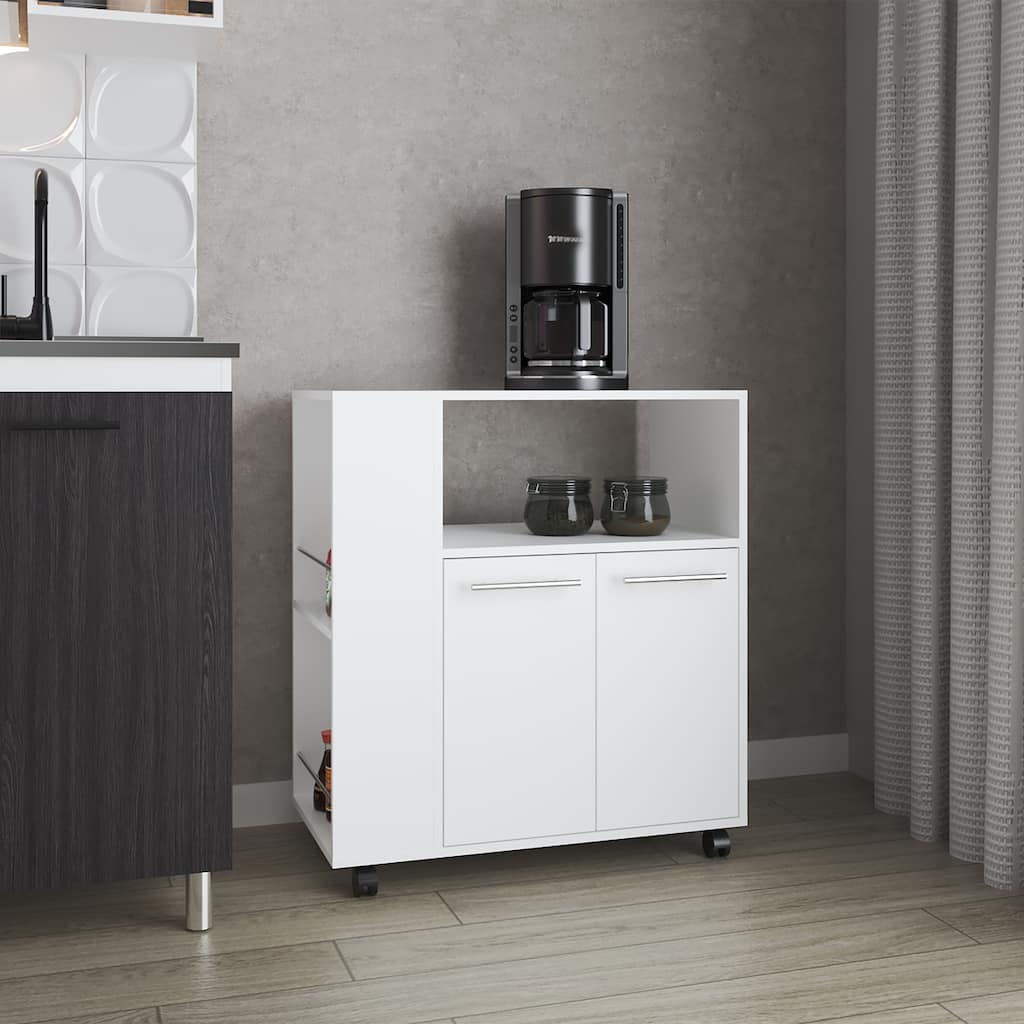 FM FURNITURE Linden Kitchen Cart with Microwave Shelf. Open Storage. and Two-Door Cabinet. White