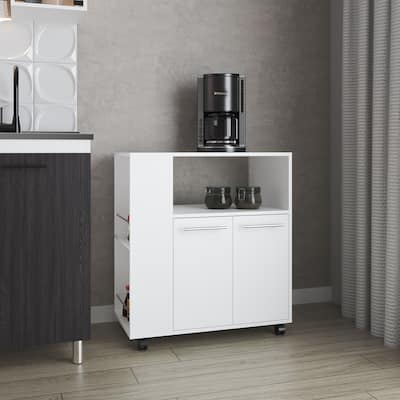 FM FURNITURE Linden Kitchen cart with Microwave Shelf. Open Storage. and Two-Door Cabinet