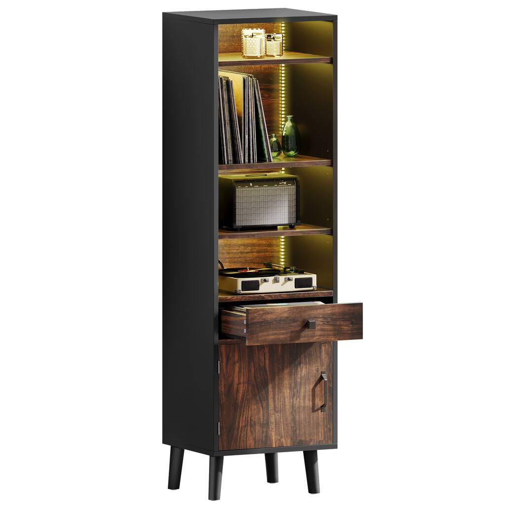 Moasis 63" Tall Bookshelf Record Player Stand with Power Outlets & LED Light