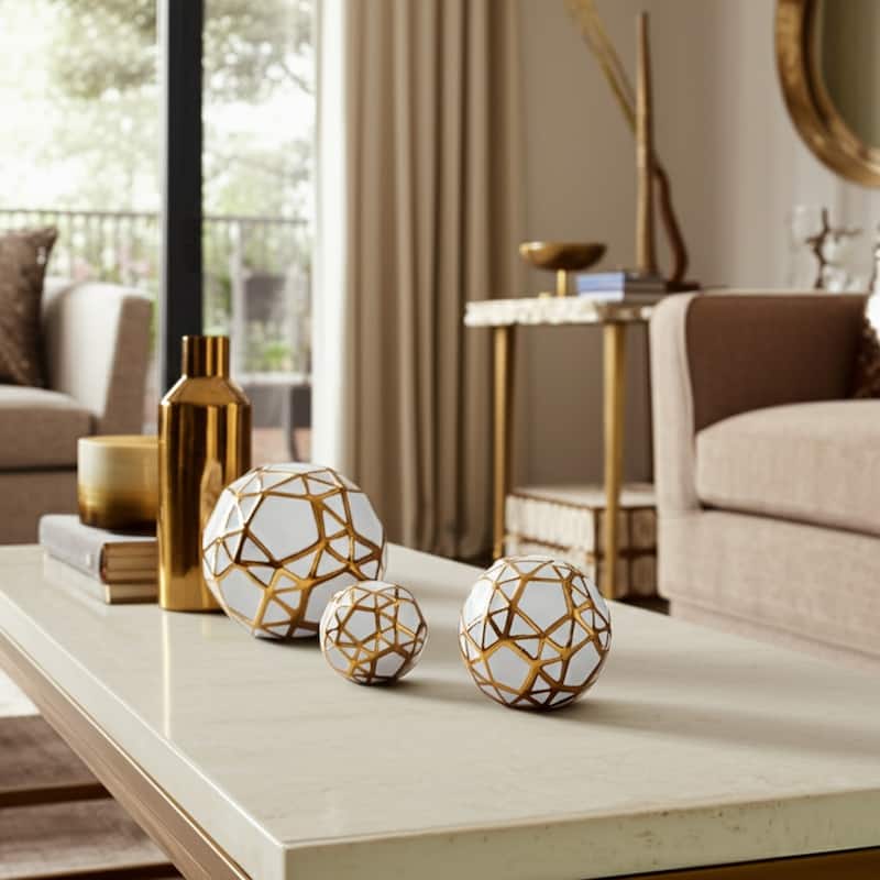 Accented Abstract Modern Coastal Decorative Orbs Set of 3 - 6" x 6" x 6" - White/gold
