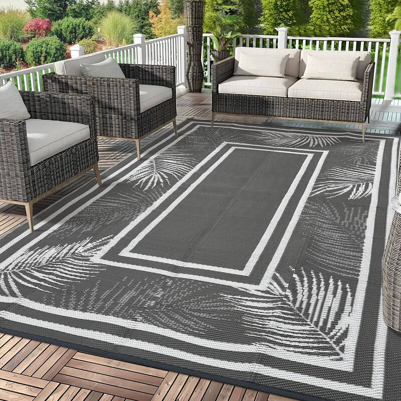 Outdoor Rug Waterproof Plastic Straw Rug Portable Camping Rug Leaves Pattern Outdoor Carpet for RV Porch Deck Camper