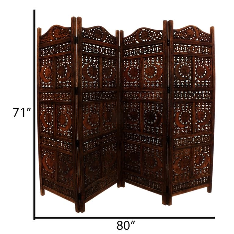 Hand Carved Sun And Moon Design Foldable 4 Panel Wooden Room Divider, Brown