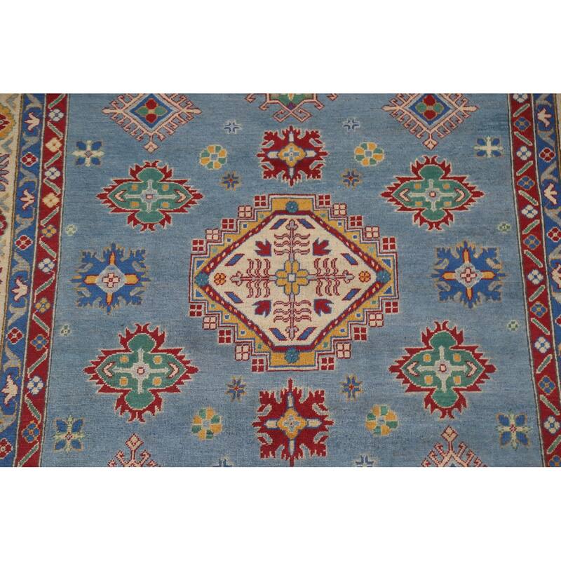 Hand Knotted Oriental 100% Wool Carpet Traditional Geometric Navy Blue & Blues Kazak Area Rug - 9' 6'' X 6' 8''