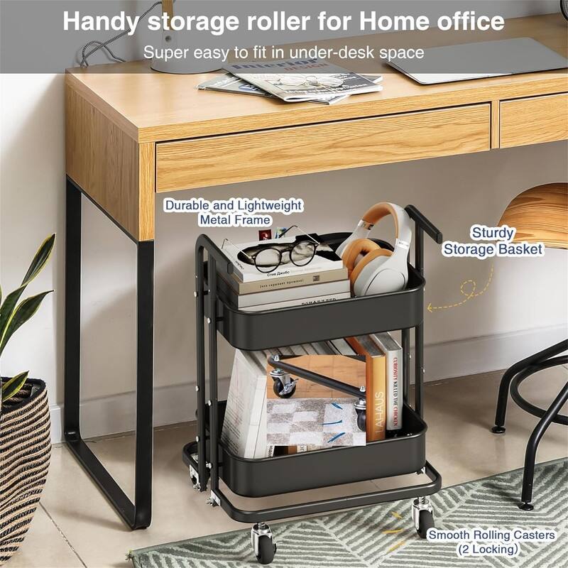 2 Tier Foldable Rolling Cart - 17.3"D x 18.3"W x 24.2"H