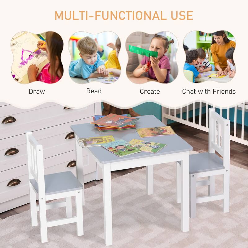 3 Piece Kids Table and Chair Set Pine Wood MDF Durable Playroom Furniture for Children Ages 3 and Up - 23.5" x 19.75" x 19"
