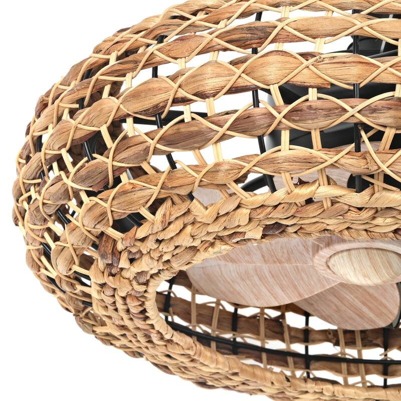 20 in. Indoor Rattan 100-240 V Flush Mount Farmhouse Rattan Cage Ceiling Fan with Light - 19.7 Inches