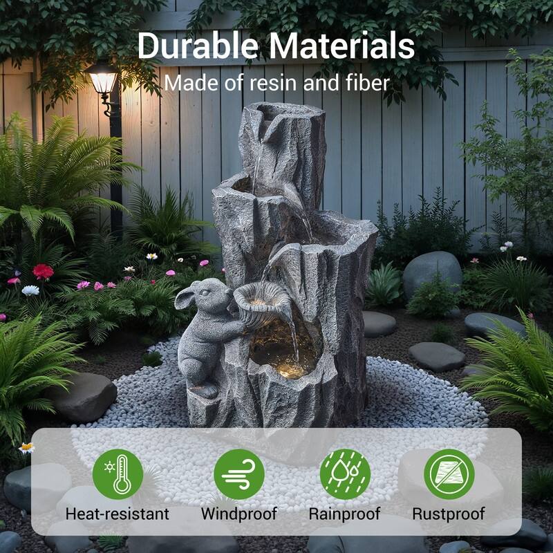 Outdoor Rabbit-Shaped Polyresin Fountain with LED Lights