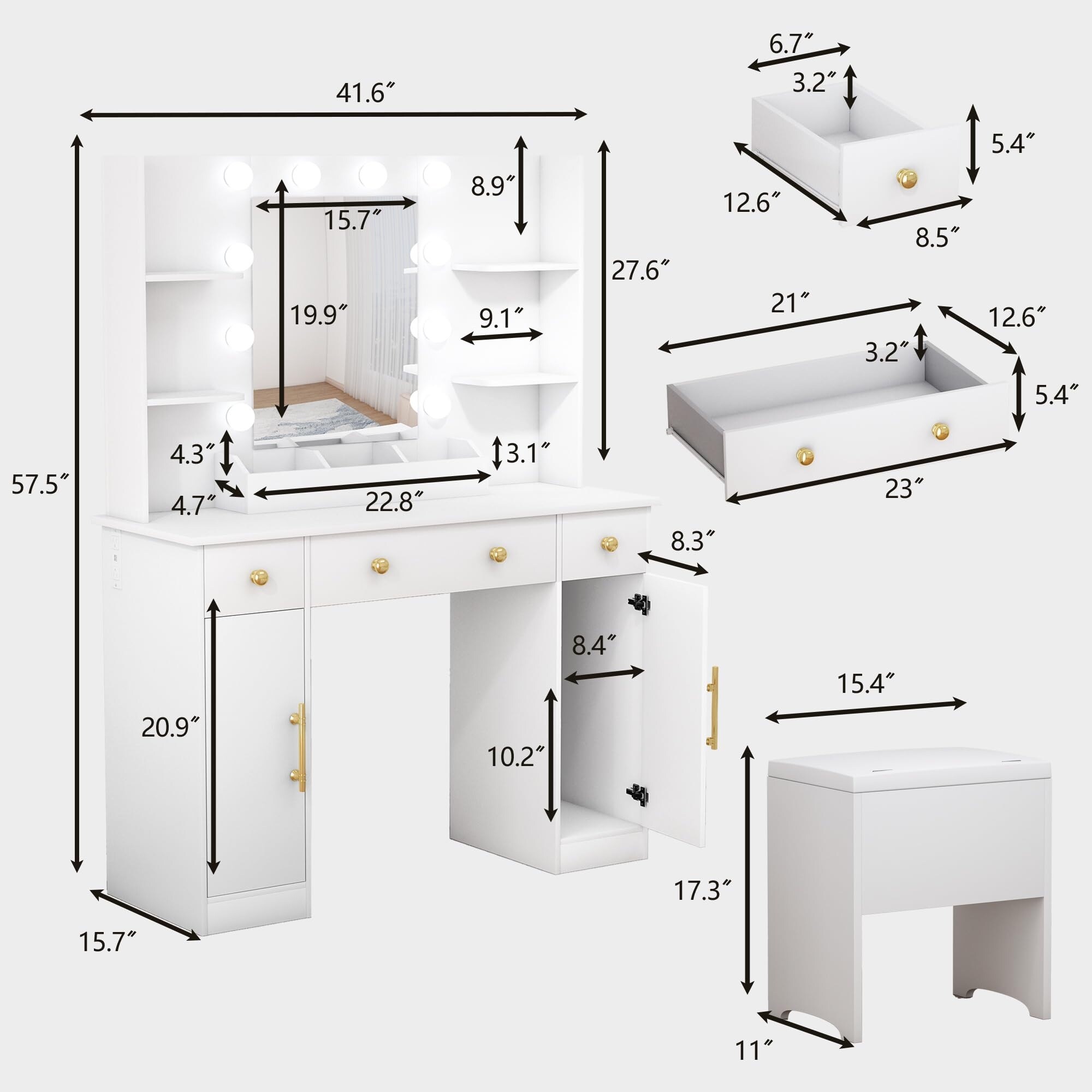 White Makeup Vanity Desk With LED Lights & Power Outlet - 4 Drawers, 3 Shelves For Bedroom