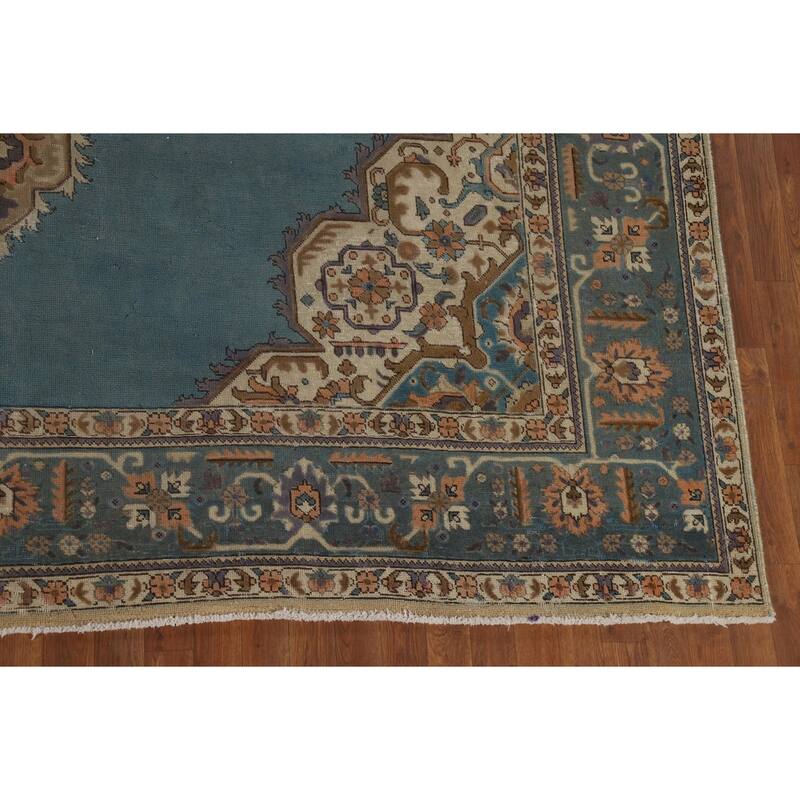 Blue Tabriz Vintage Persian Area Rug Hand-Knotted Wool Carpet - 9'4" x 12'7"
