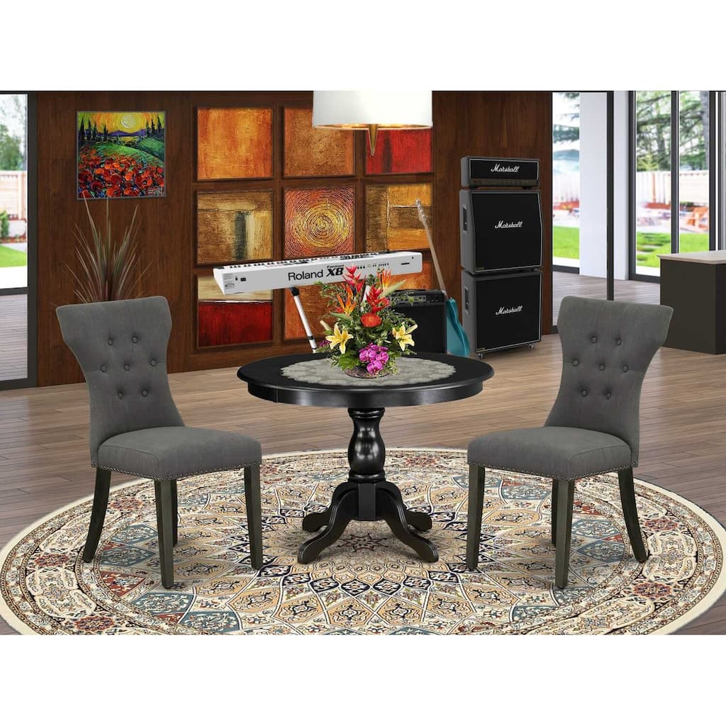 3-Piece Wirebrushed Black Solid Wood Top - Button Tufted Dining Room Set - Seats 4