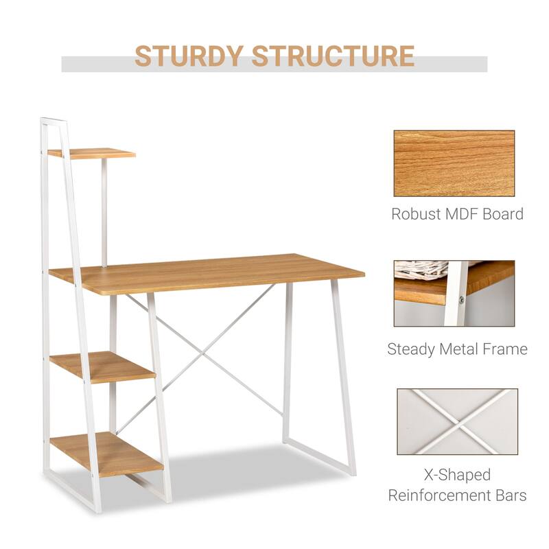 HOMCOM Computer Desk with 3-Tier Storage Shelves Study Writing Table Workstation for Home Office Small Space Natural