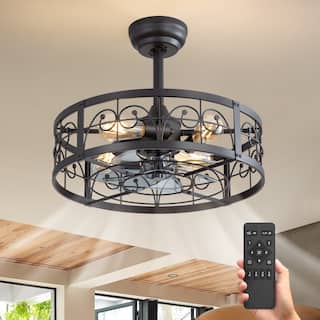 20"  Matte Black Metal Caged Ceiling Fan with Light and Remote(7-Blade)