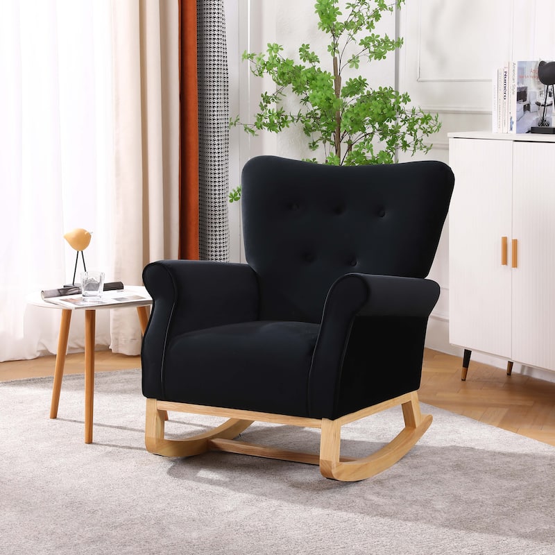 Nursery Rocking Chair with High Back, Modern Baby Room Rocker with Padded Seat, Comfortable Fabric Armchair - Black