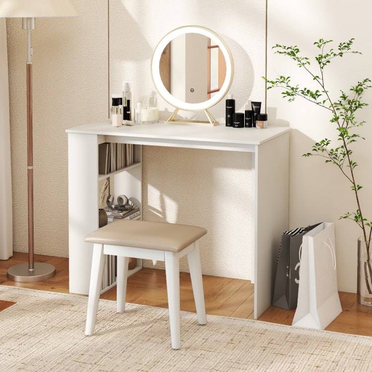 Modern White Computer Desk with Side Bookshelf 35.5'' Space Saving Engineered Wood Workstation for Home Office
