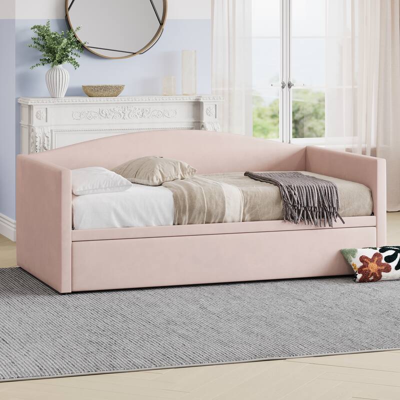 Velvet Upholstered Daybed Twin Size Sofa Bed with Extended Pop Up Trundle and Curved Backrest, Space-Saving Twin to King Design