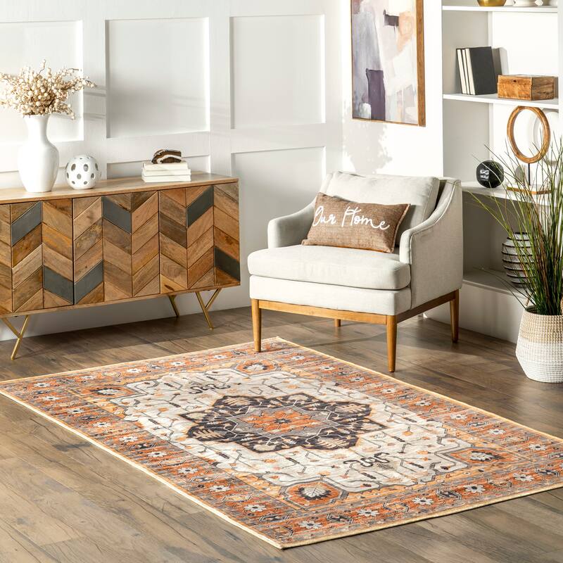 Nuloom Cira SpinClean Traditional Vintage Machine Washable Area Rug - 4' x 6' - Beige - Rectangle