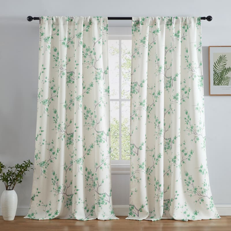 HLC.me Jasmine Floral Light Blocking Curtain Rod Pocket Pole Top Panels - Set of 2 - 52 W x 84 L per panel - Pair - Seafoam Green