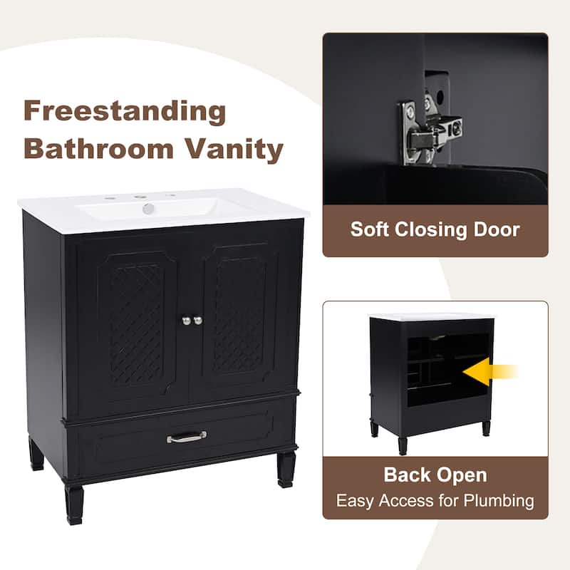 30 Inch Freestanding Bathroom Vanity with Ceramic Sink, Vintage Design, Drawer Storage, Soft Close Doors