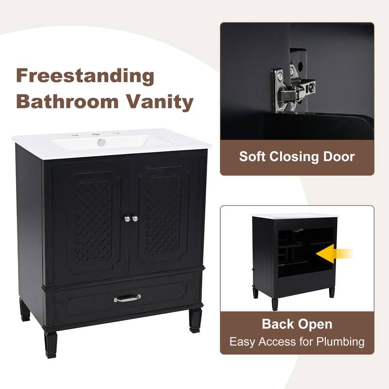 Roomfitters 30" Vintage Style Bathroom Vanity with Ceramic Sink, Customizable Storage Drawer and Soft-Close Door