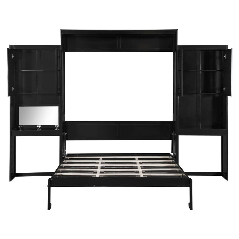 Queen Murphy Bed with Fold-Out Desk, Flip-Up Vanity Mirror, and Storage Cabinets, Space-Saving Design