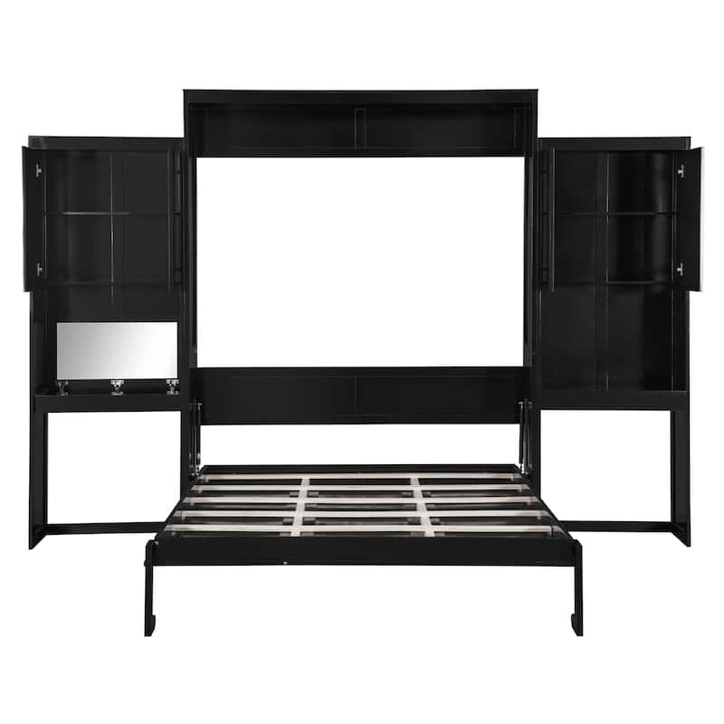 Queen Size Murphy Bed with Desk, Vanity and Cabinets, Espresso