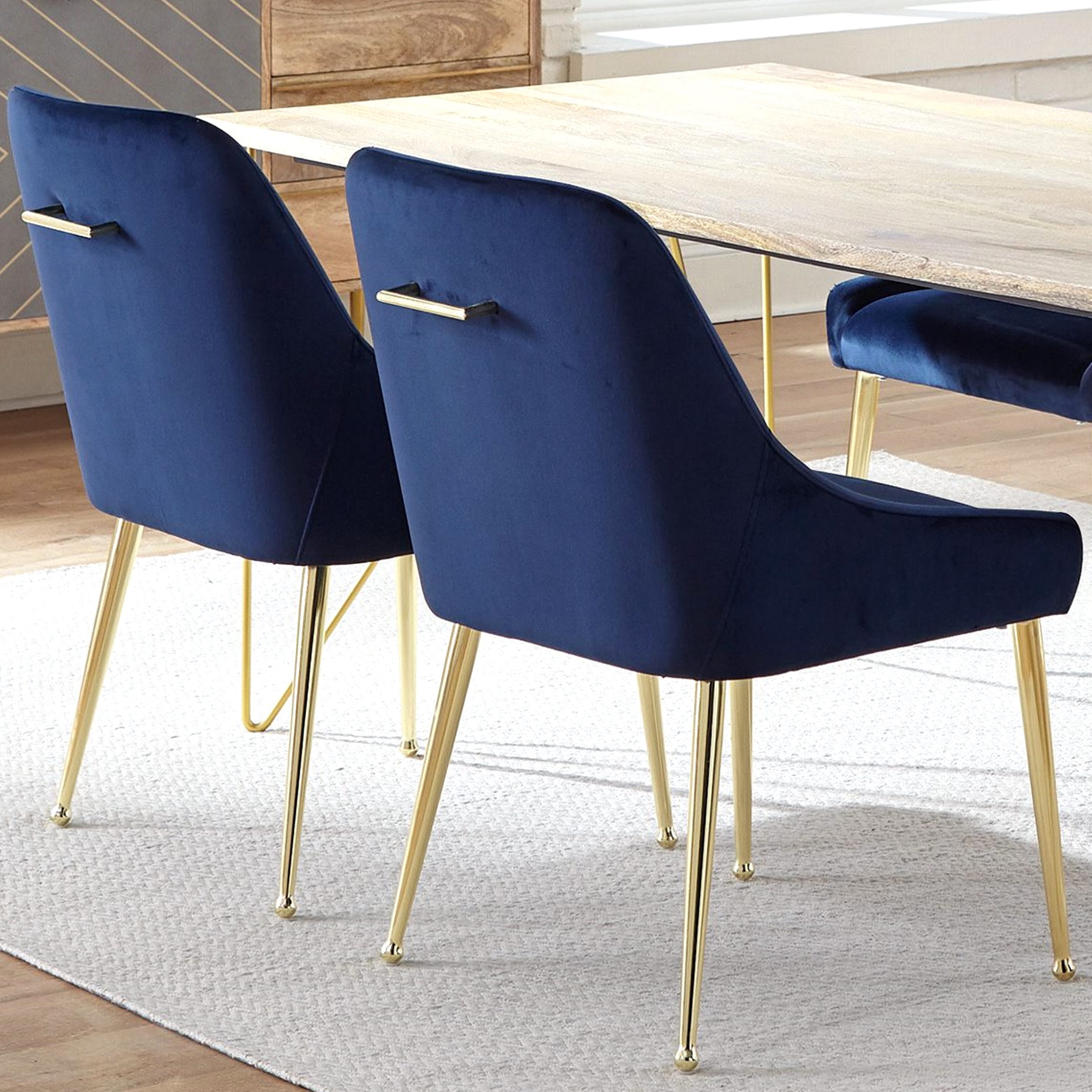 Mid Century Classic Design Blue Velvet Dining Chairs with Brass Legs Set of 2