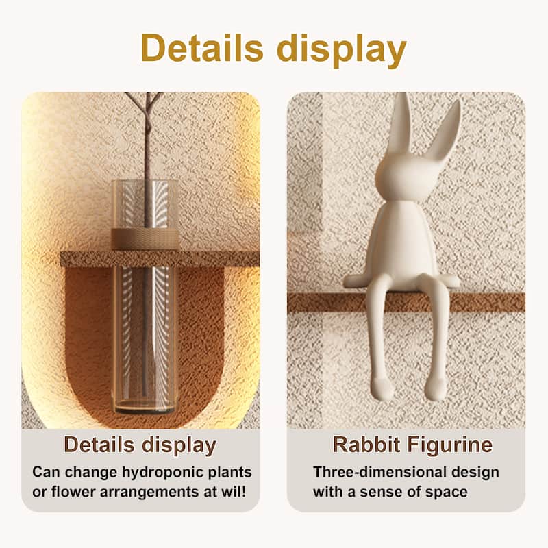 Roomfitters LED Sandstone Wall Art with 3D Vase, 3 Color Light Strip & Fake Rabbit Statue for Living Room, Light Coffee