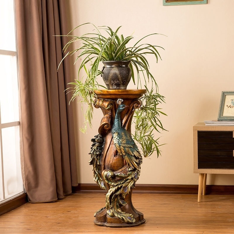 32.7" H Peacock Carved Decorative Pedestal Stand, Resin Faux Wood Plant Display Column, Vintage Artistic Accent Table