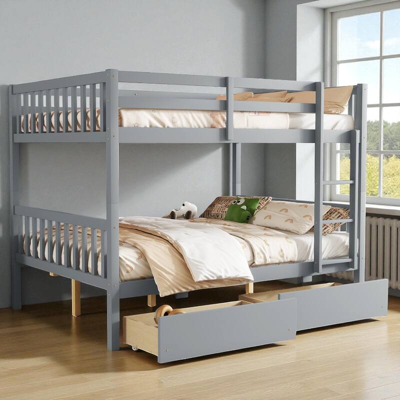 Full Over Full Rubber Wood Bunk Bed with 2 Storage Drawers, Convertible into 2 Full Beds, Ladder and Safety Guardrails