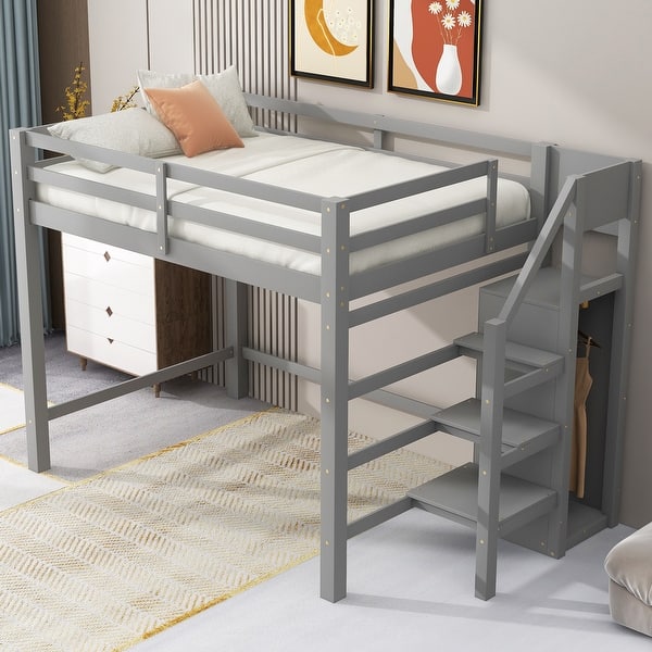 slide 2 of 32, Full Size Loft Bed with Built-in Wardrobe Closet, Storage Staircase, Solid Pine Frame, Space-Saving Design Gray