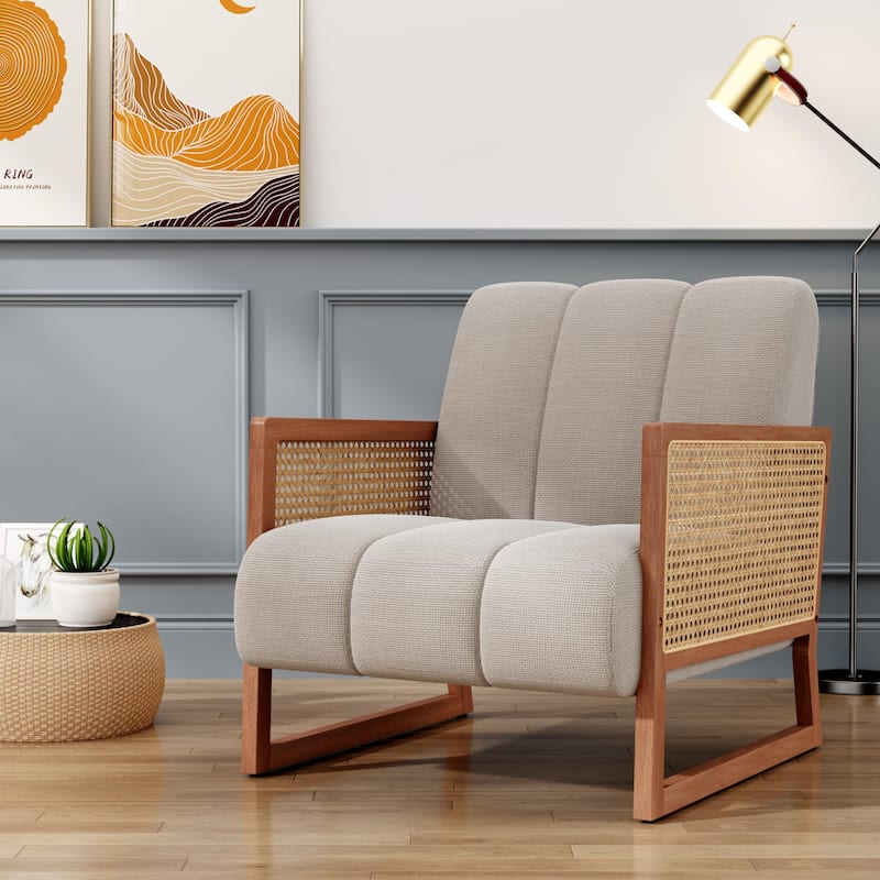 Rattan Accent Chairs, Upholstered Natural Rattan Chair Mid Century Modern Linen Armchair Side Chairs for Living Room Bedroom - Grey