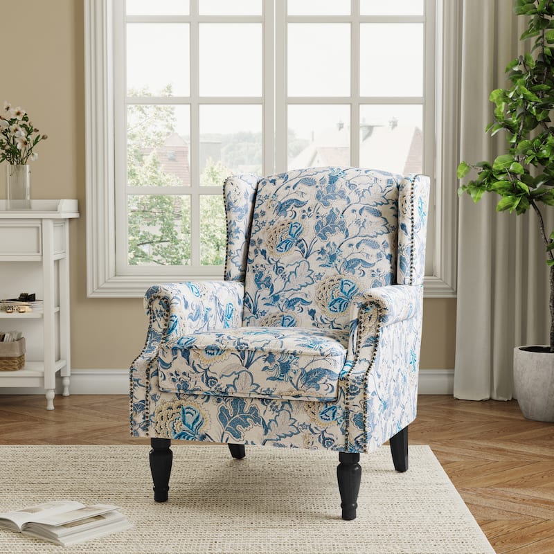 Traditional Floral Patterned Wingback Armchair with Nailhead Trim - Boho Blue