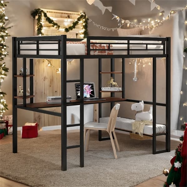 slide 2 of 12, Full Size Loft Bed with Long Desk and Shelves in Black Metal & MDF