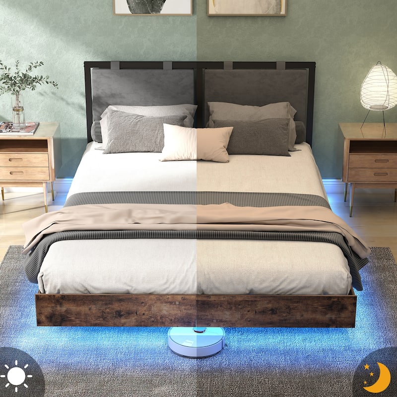 Floating Bed Frame with LED Lights, Hanging Upholstered Headboard No Box Spring Needed,Full Size
