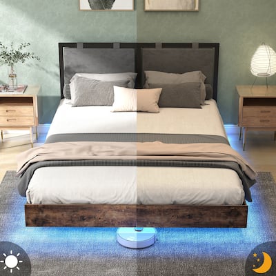 Floating Bed Frame with RGB LED Light Strip & Velvet Upholstered Hanging Headboard, Noise-Free Metal Slats Support, Black Brown