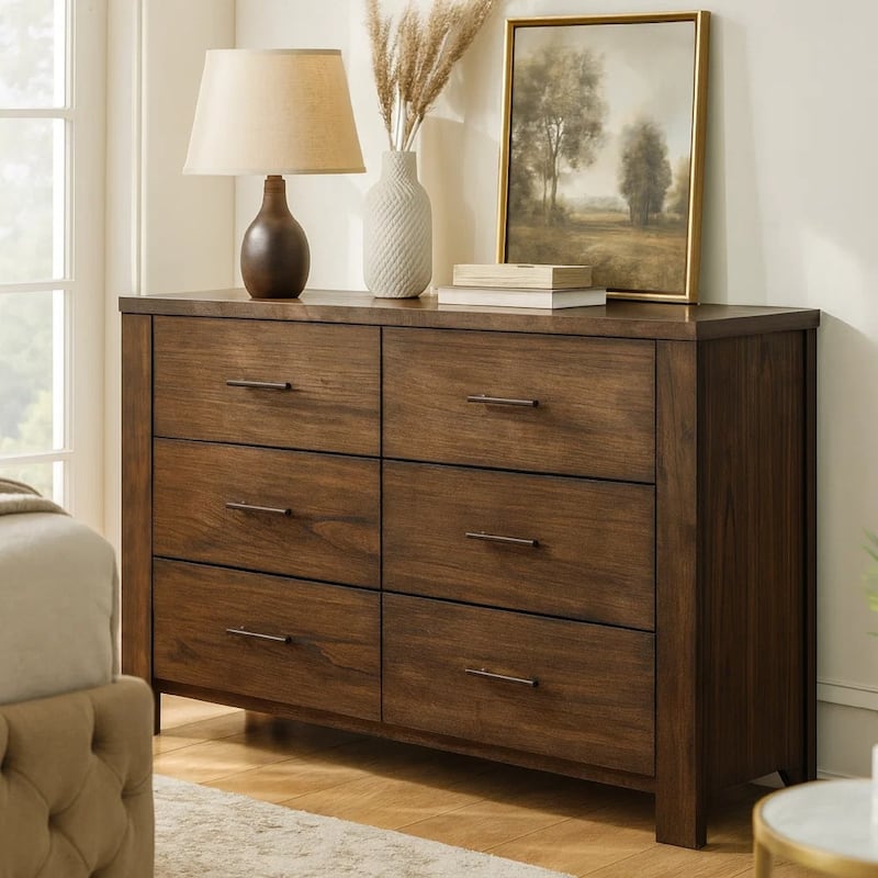 Spacious Wooden Dresser with Six Drawers, Oak Brown