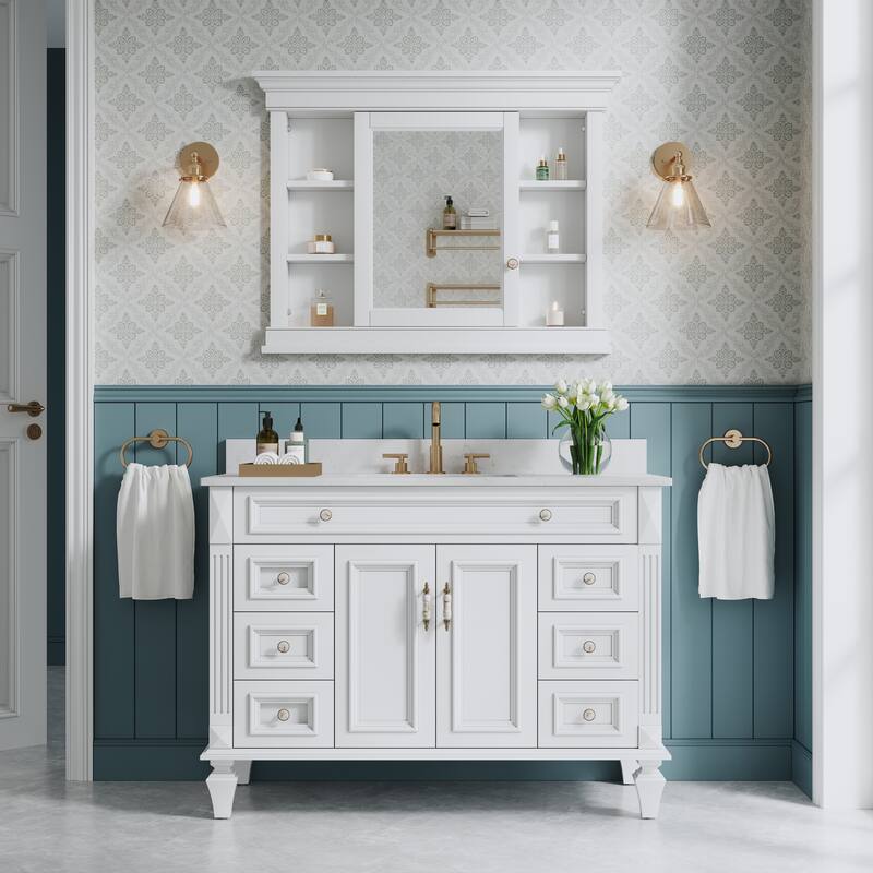 42"W X32''H Recessed Wall-Mounted Solid Wood Framed Medicine Cabinet With Adjustable Glass Shelves