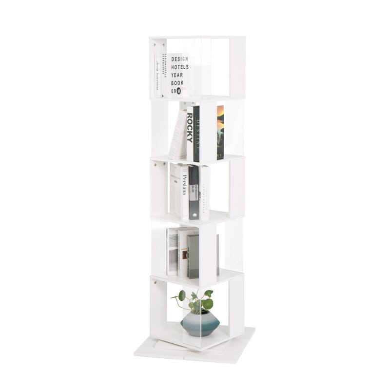 Anmytek Modern 360° Rotating Bookshelf 5-Tier Tall Display Shelf with Acrylic Plate for Home Office Living Room Bedroom