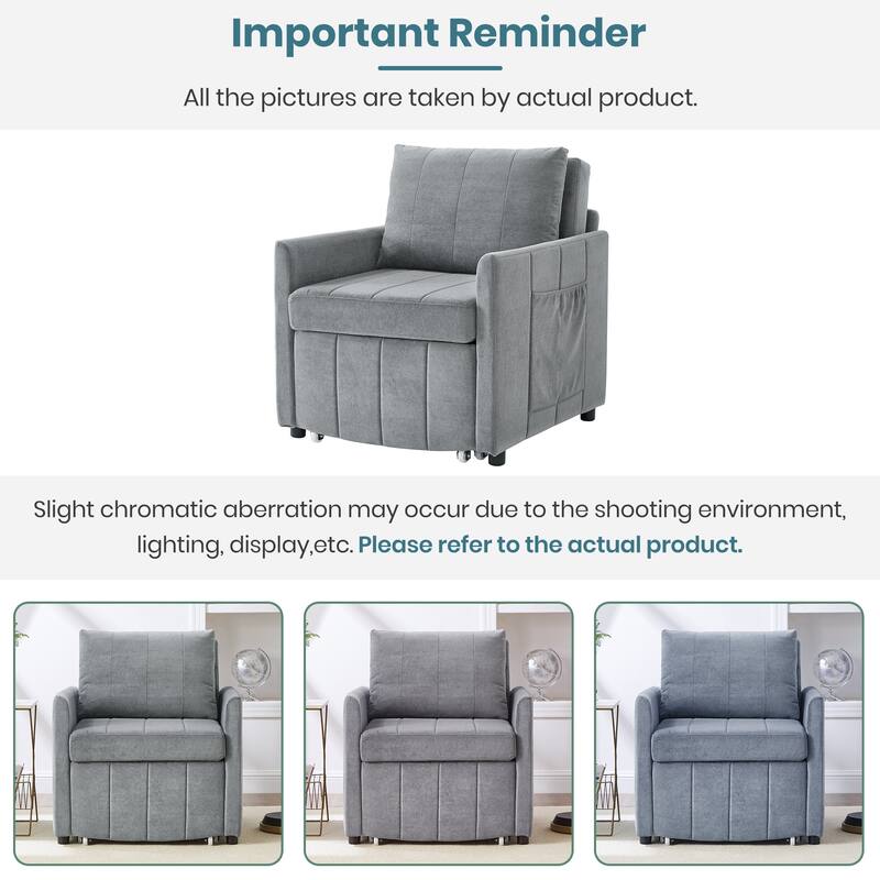 Multi-Functiona Lounge Chair, 31.5" Pull Out Upholstered Sofa Bed w/ Adjustable Backrest, Side Pockets, Fold Out Chair Bed