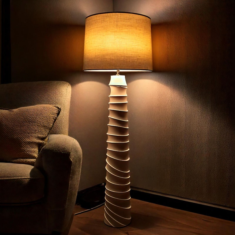 White Spiral Textured Resin Floor Lamp with Linen Shade 59 Inch Tall